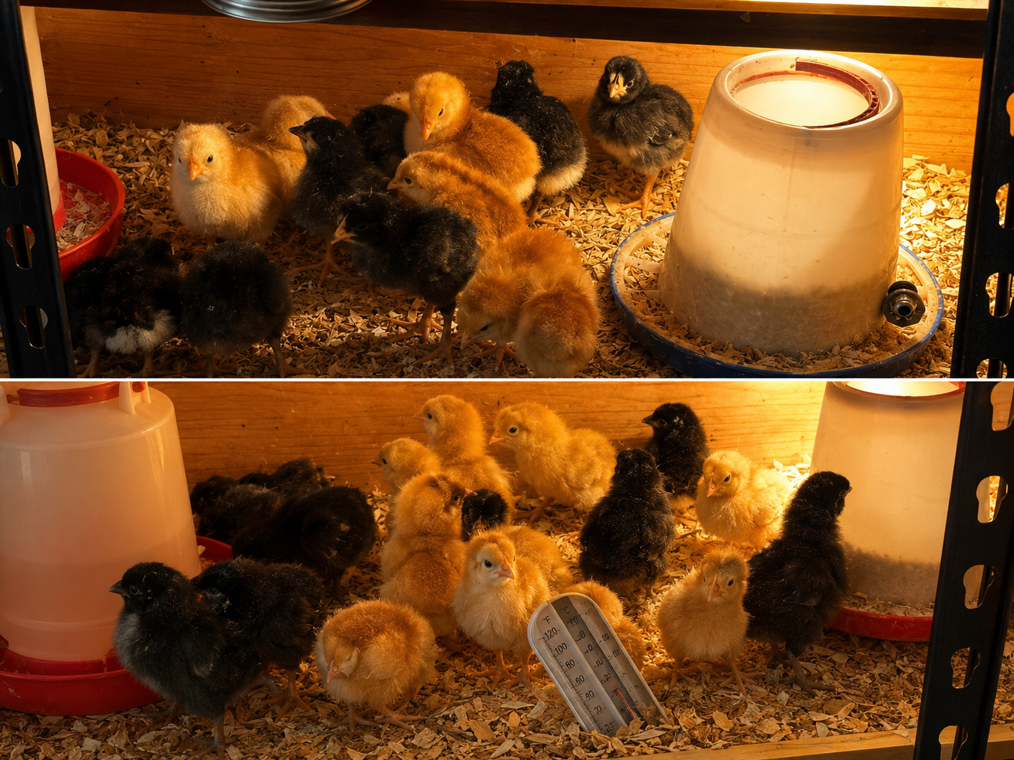 August 17, 2026 hatch chicks shown across both brooders
