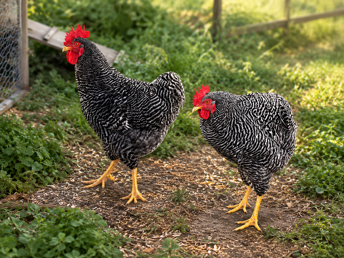 Barred Rock roosters on the farm